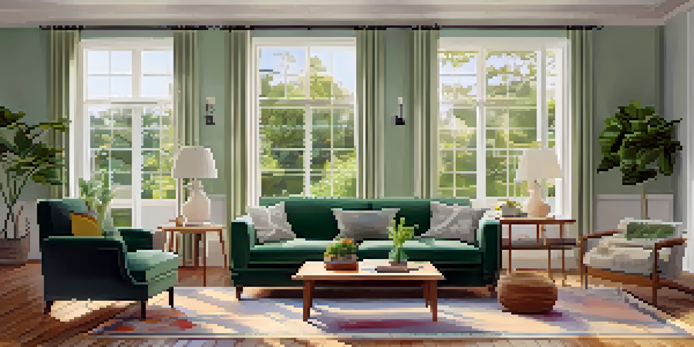 A bright and inviting living room with a cozy sofa, large windows, and a view of a garden, decorated with plants and magazines.