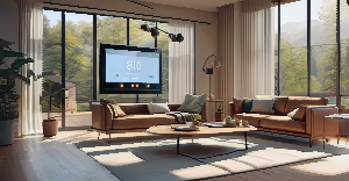 A modern living room with a smart thermostat on the wall, sunlight streaming through the windows, and warm lighting creating a cozy ambiance.
