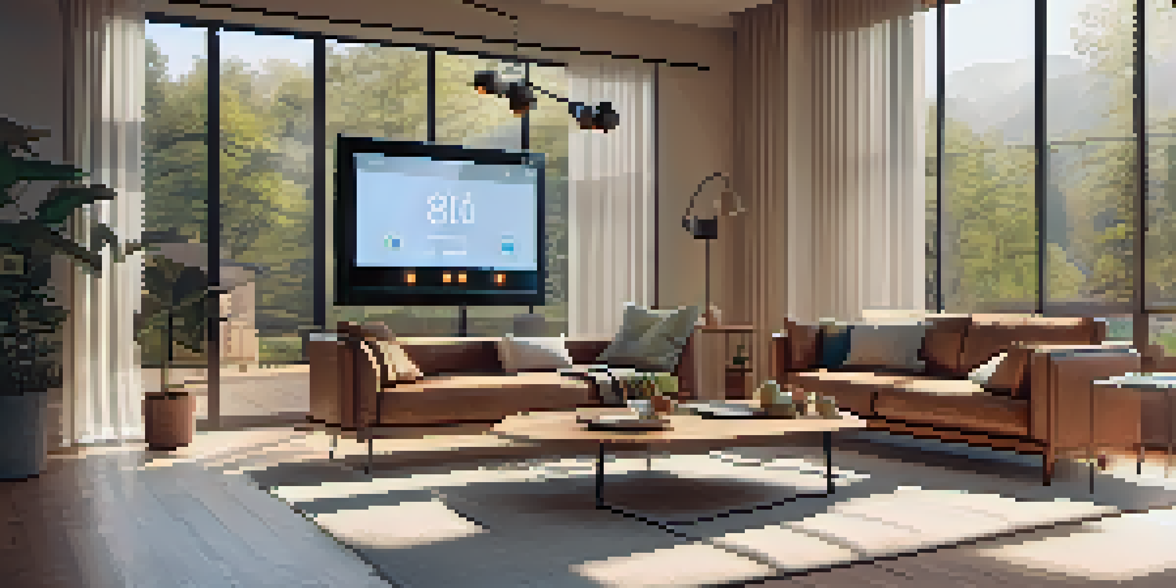 A modern living room with a smart thermostat on the wall, sunlight streaming through the windows, and warm lighting creating a cozy ambiance.