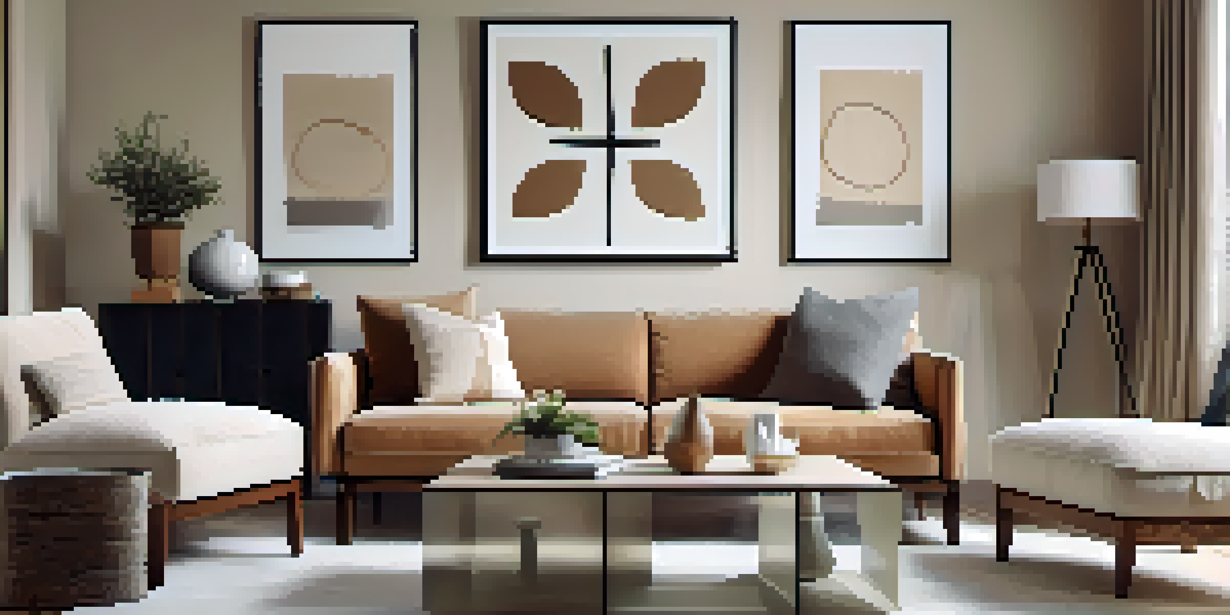 A well-decorated living room with a sofa, coffee table, and warm tones, filled with natural light.