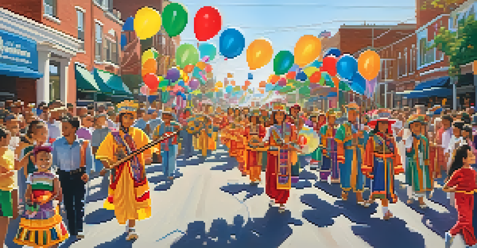 A vibrant community parade filled with colorful floats, bands, and people celebrating along the streets under a sunny sky.