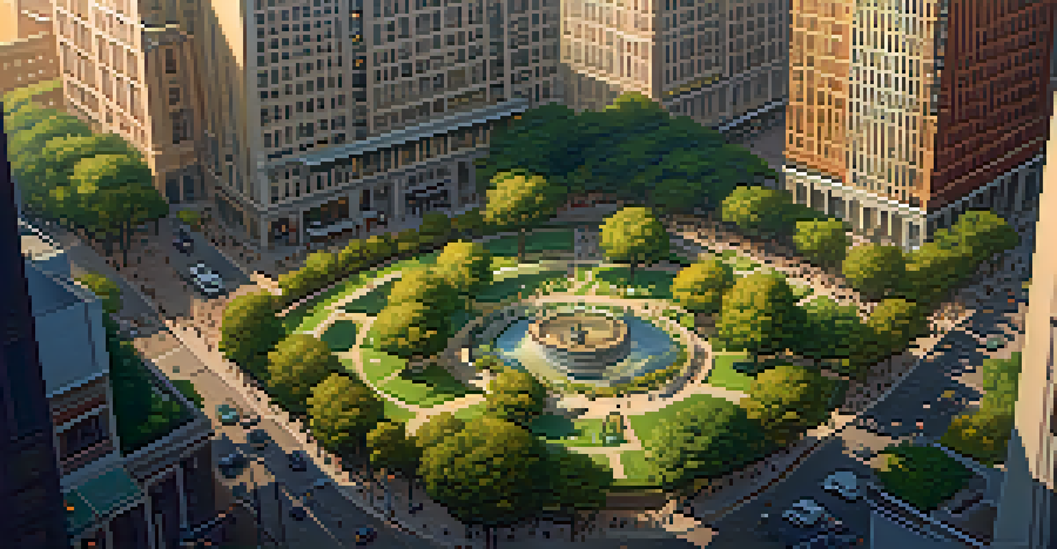 Aerial view of a vibrant urban cityscape with skyscrapers and parks during golden hour.