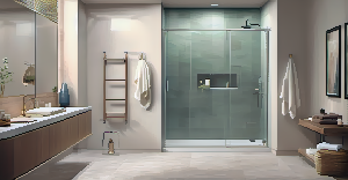 A modern bathroom with a walk-in shower, shower bench, and grab bars, illuminated by bright LED lights.