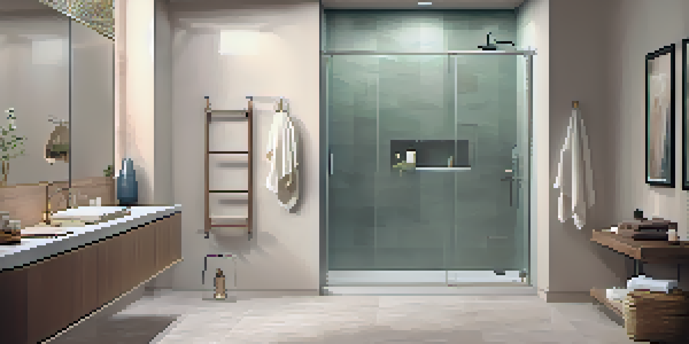 A modern bathroom with a walk-in shower, shower bench, and grab bars, illuminated by bright LED lights.