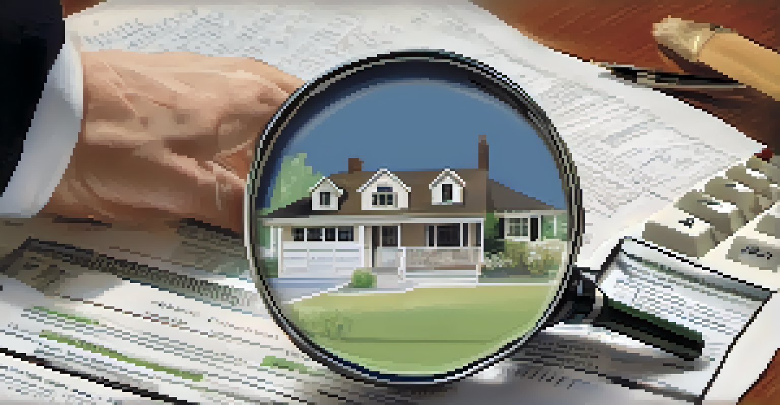 A hand holding a magnifying glass over a real estate contract with a house and calculator in the background.