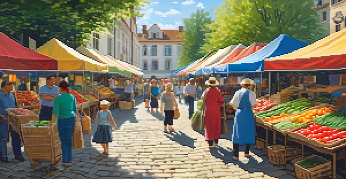 A lively local market with colorful stalls and people enjoying the atmosphere in a town square.