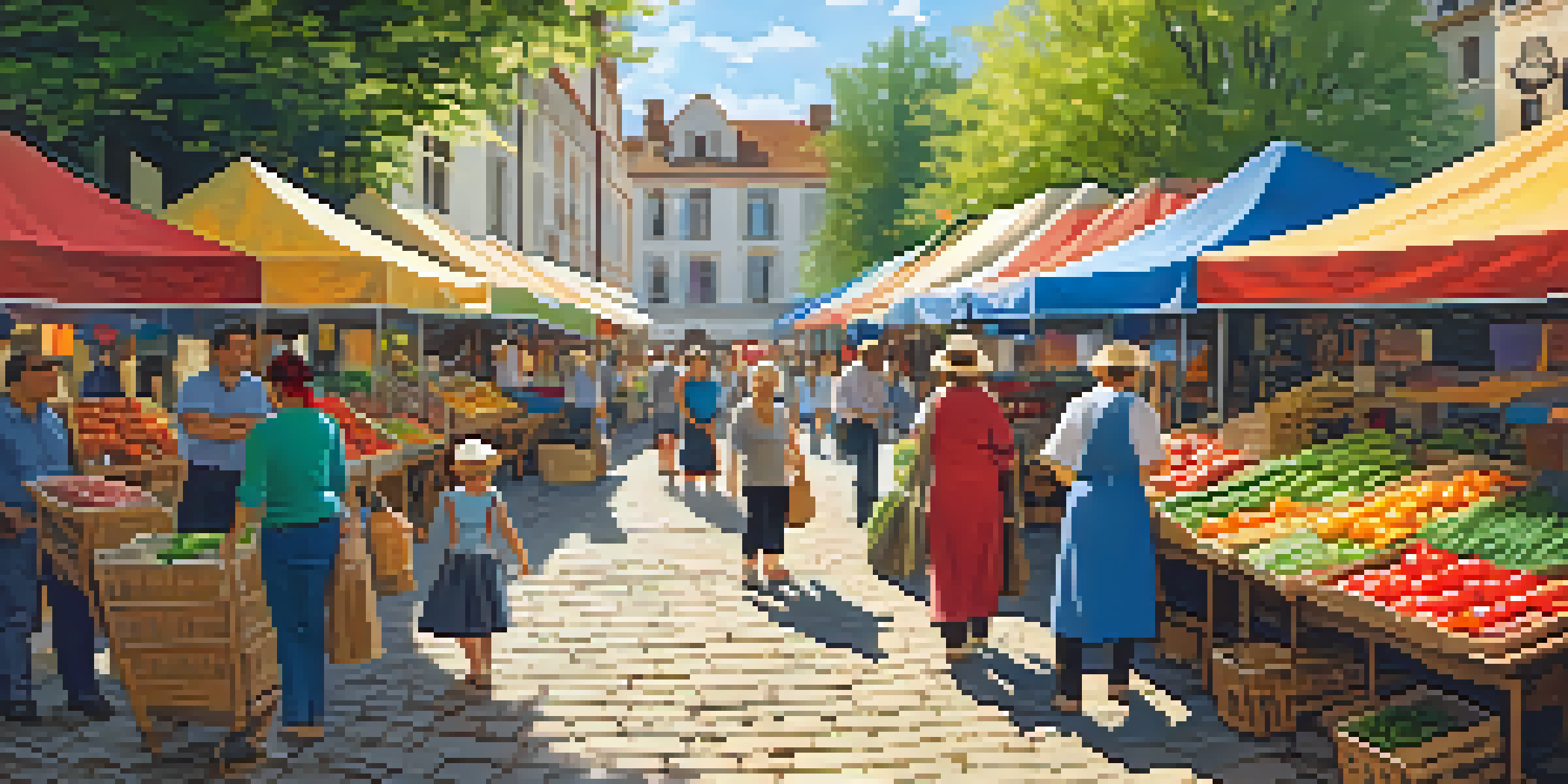A lively local market with colorful stalls and people enjoying the atmosphere in a town square.