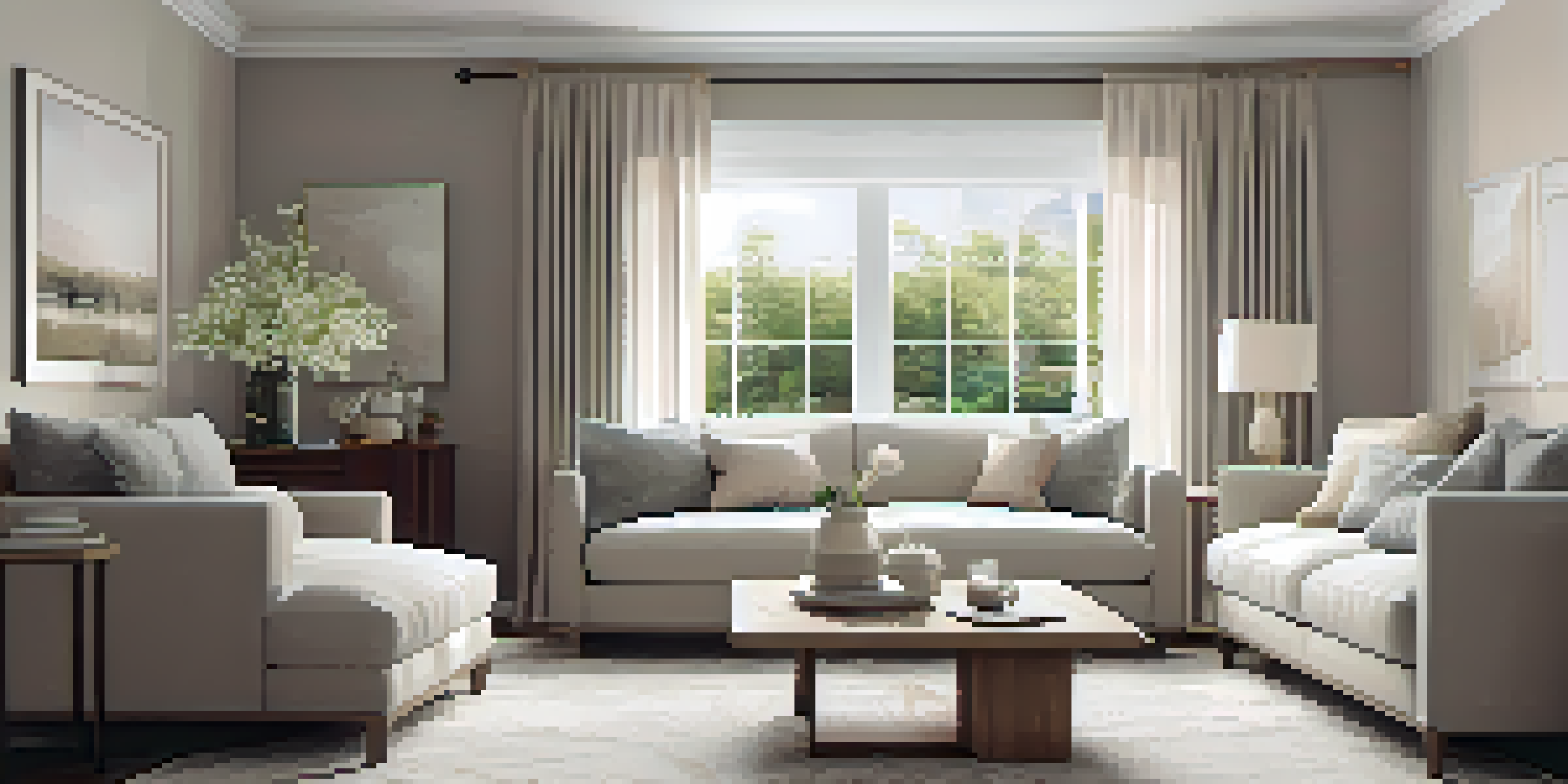 A bright and inviting living room with neutral colors, large windows, and decorative cushions.