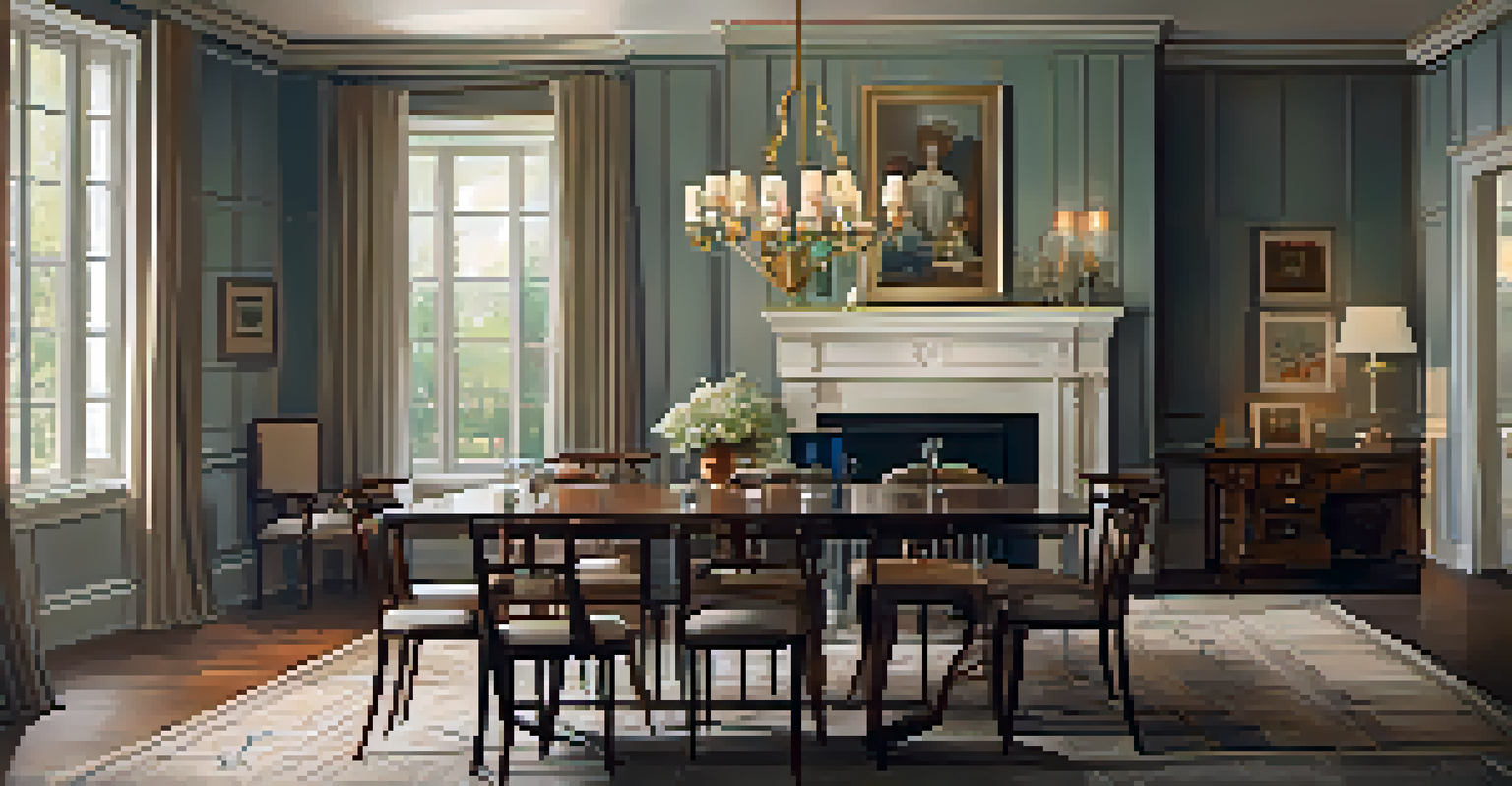 A vintage dining room with modern amenities and classic decor, warmly lit.