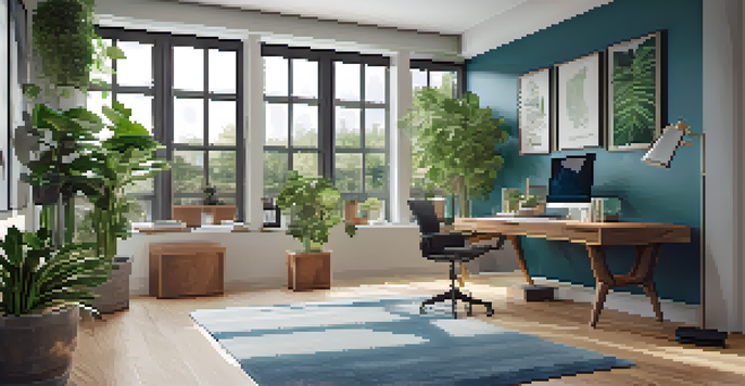 A bright and stylish home office with natural light, an ergonomic desk, plants, and personalized decor.
