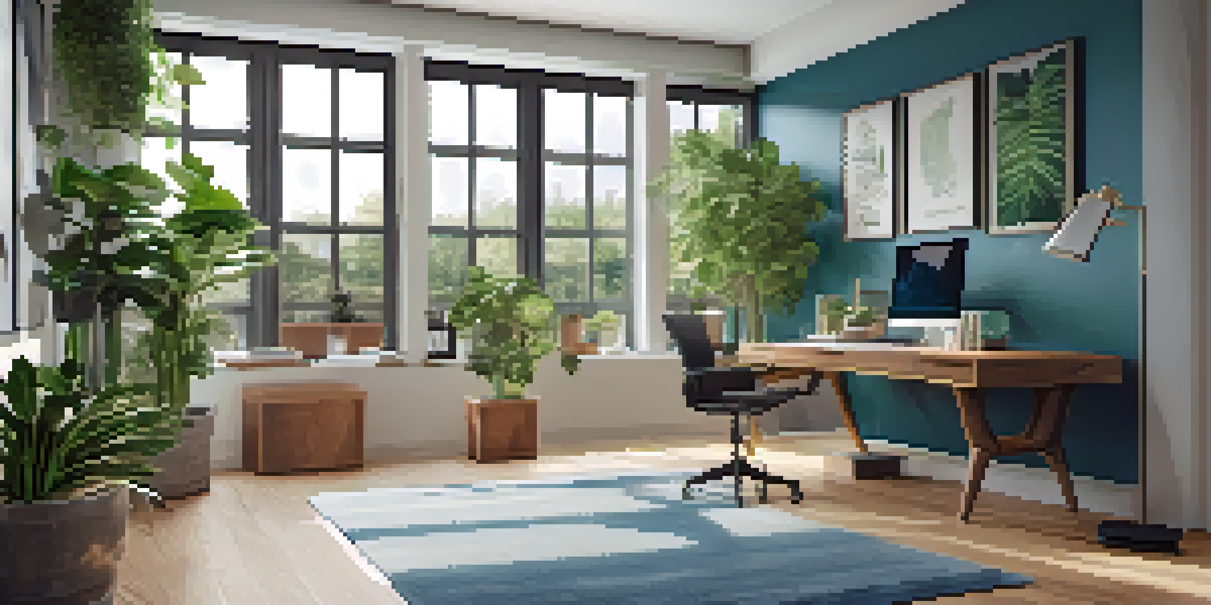 A bright and stylish home office with natural light, an ergonomic desk, plants, and personalized decor.