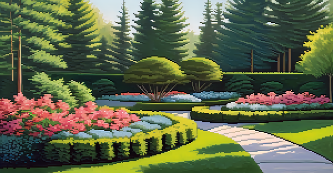 A tranquil backyard with tall evergreen trees forming a privacy screen, soft sunlight filtering through the branches, and colorful flower beds in front.