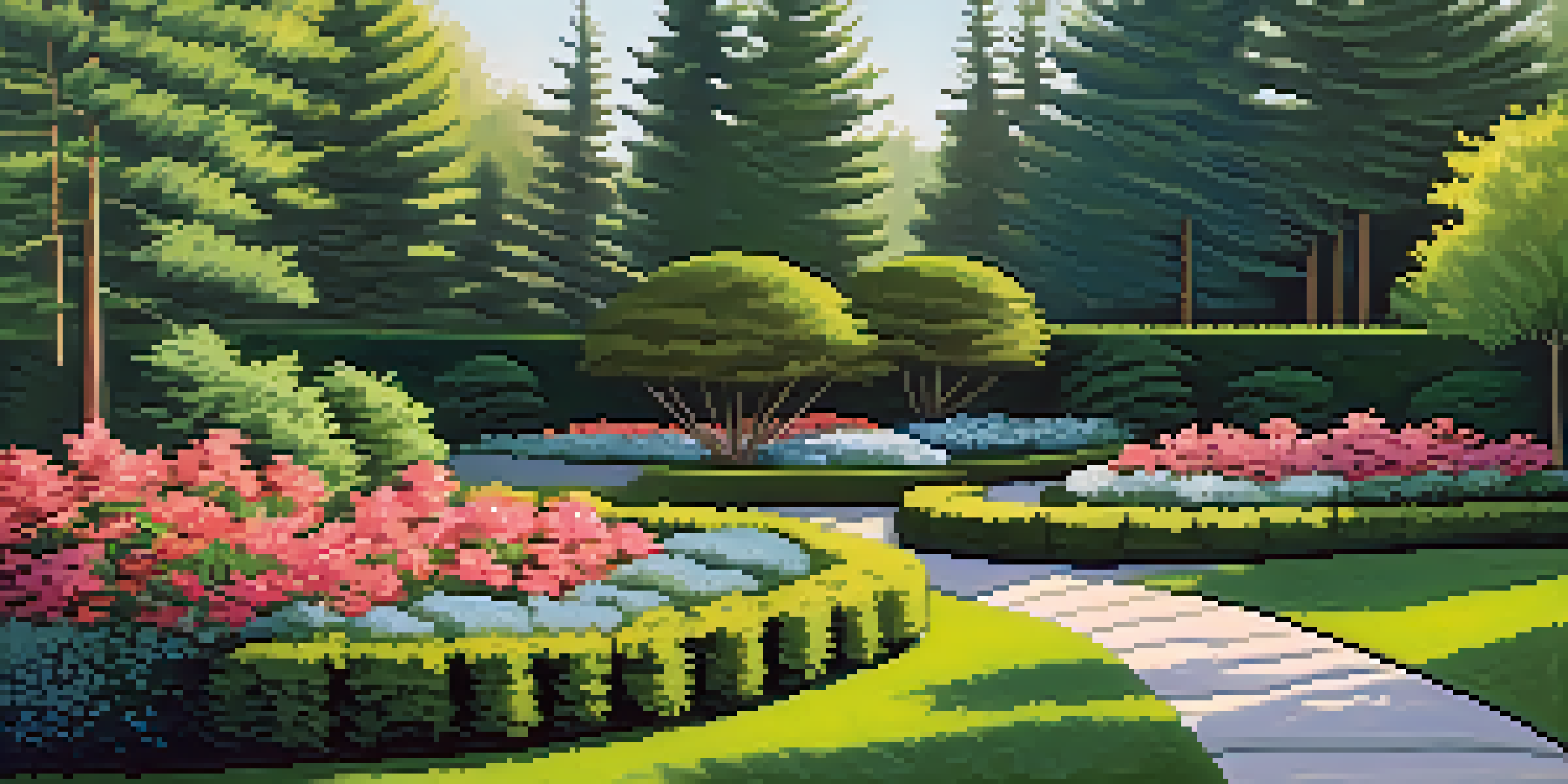 A tranquil backyard with tall evergreen trees forming a privacy screen, soft sunlight filtering through the branches, and colorful flower beds in front.