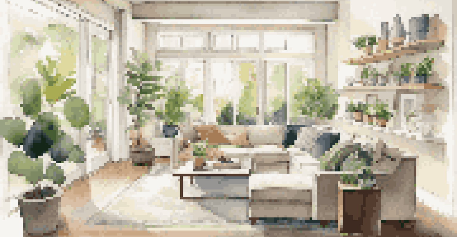 A bright living room with an open floor plan, featuring neutral decor and modern furniture, filled with natural light.