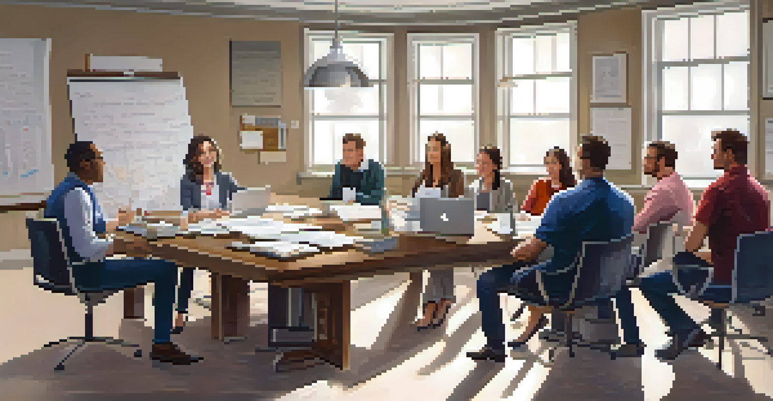 A group of home inspectors in a workshop discussing ethical standards, with laptops and a whiteboard in a modern setting.