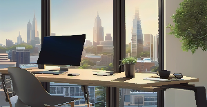 A modern office desk with a laptop and real estate investment books, illuminated by natural light from a large window showcasing a city skyline.