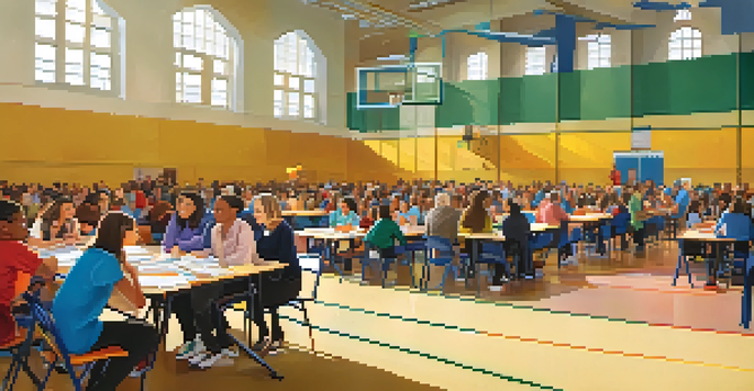 A diverse group of parents and educators discussing school budgets in a bright school gymnasium, surrounded by colorful educational posters.