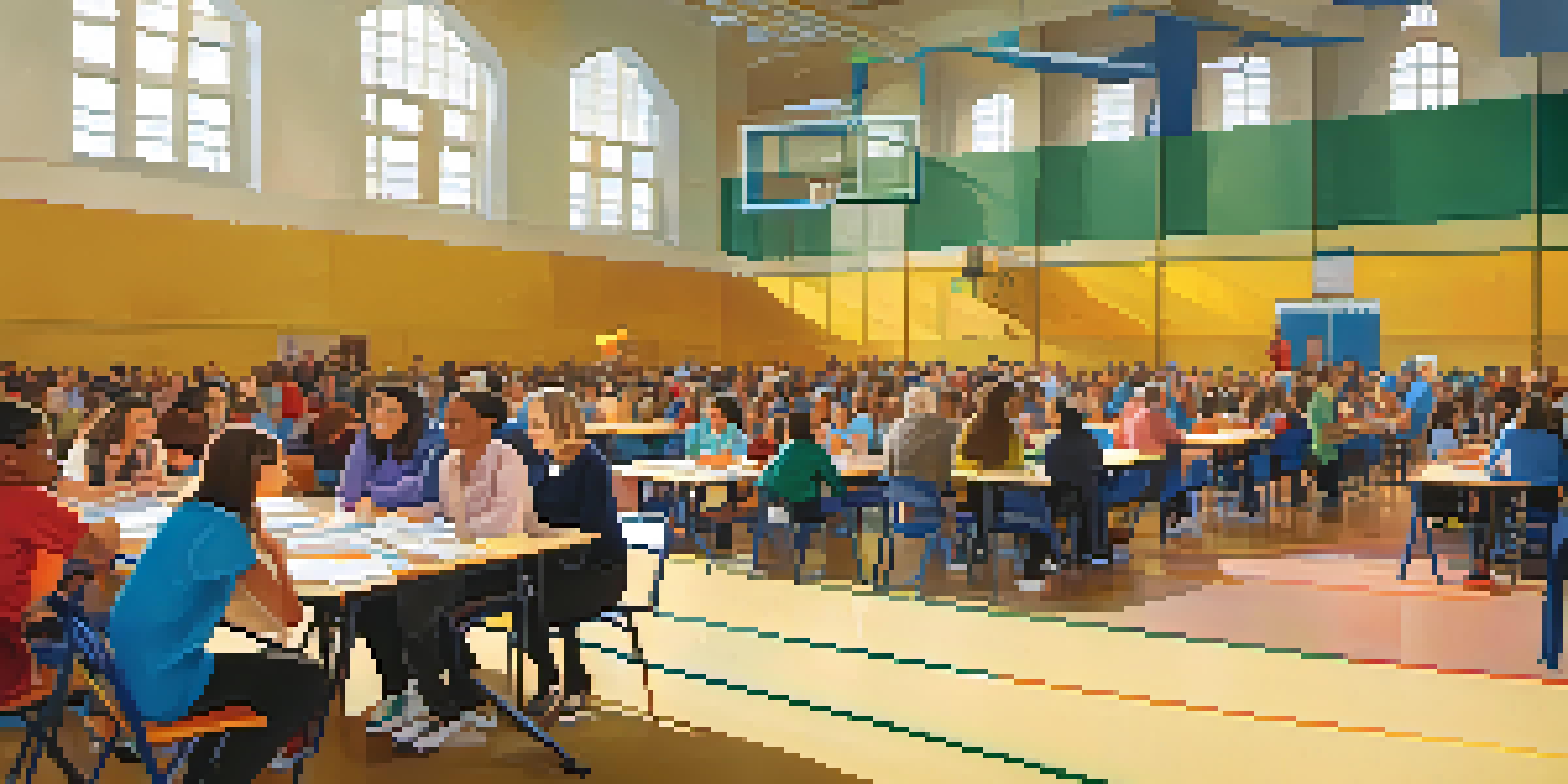 A diverse group of parents and educators discussing school budgets in a bright school gymnasium, surrounded by colorful educational posters.