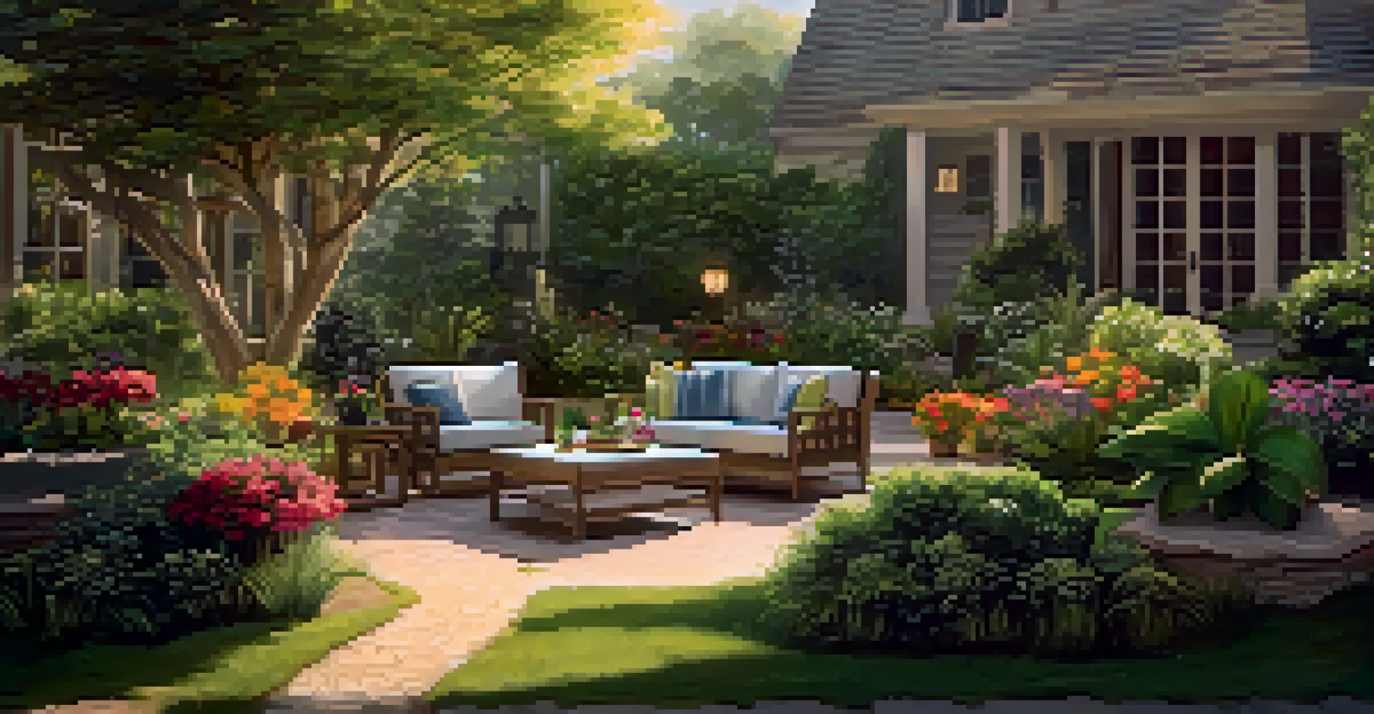 A cozy outdoor patio with stylish furniture, surrounded by a well-maintained garden and ambient lighting.
