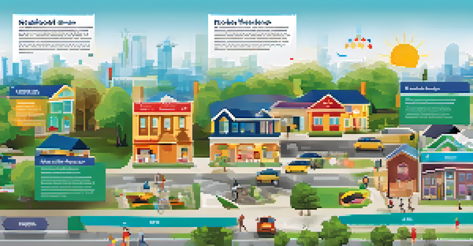 An infographic highlighting neighborhood features like schools and parks, designed with colorful icons and text.