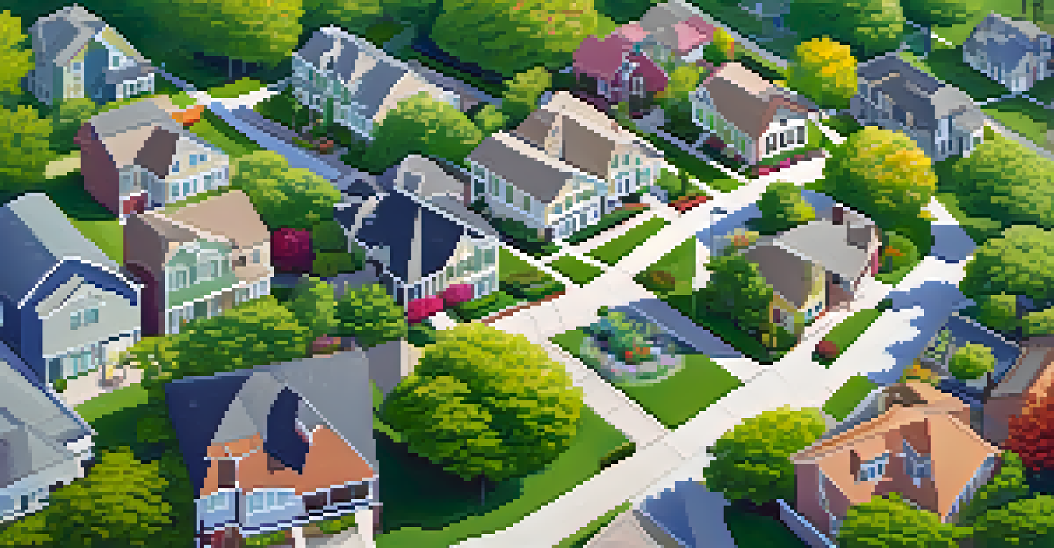 Aerial view of a picturesque neighborhood with diverse houses and gardens.