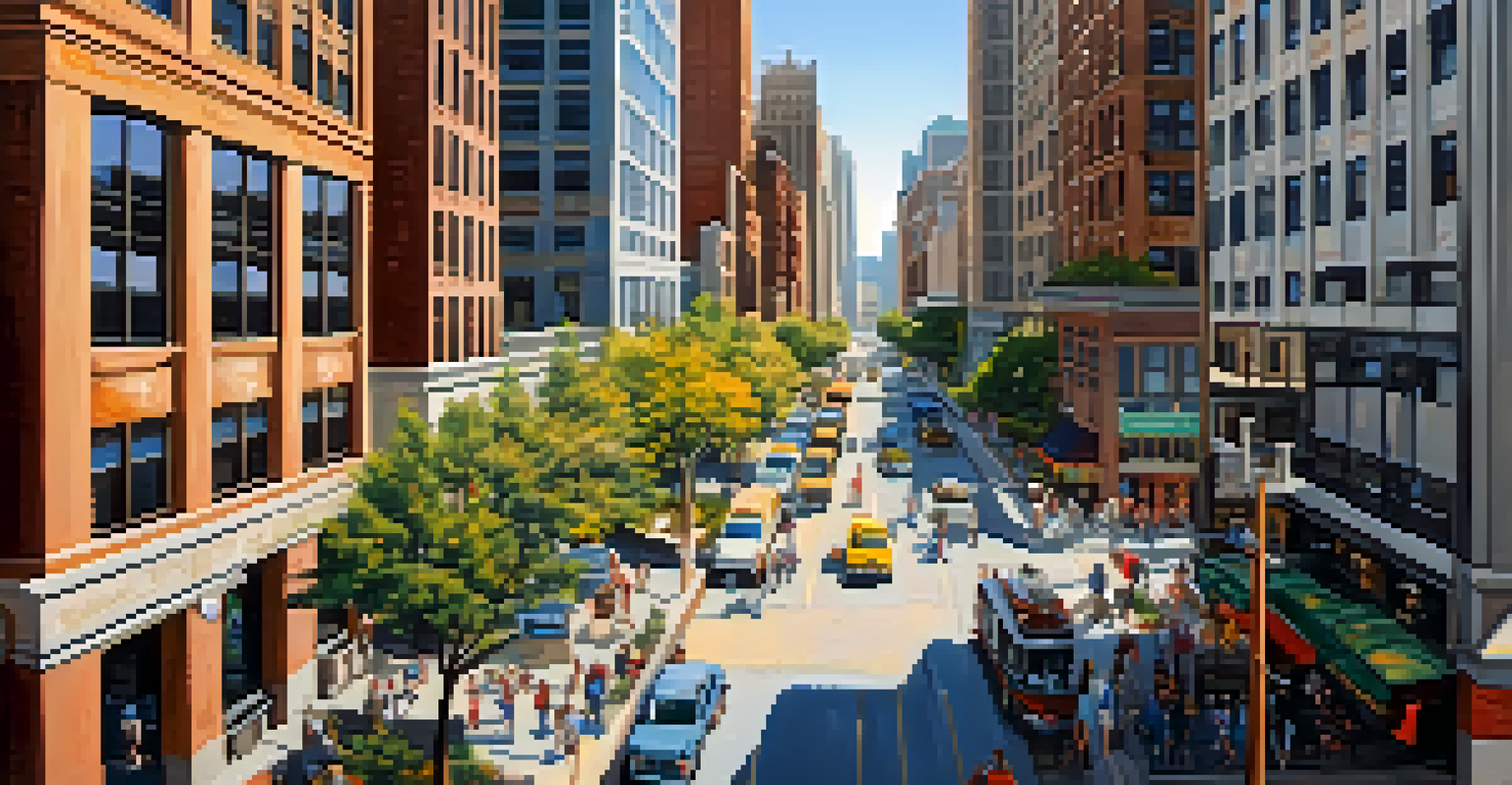 Aerial view of a busy downtown area with high-rise buildings and bustling streets.