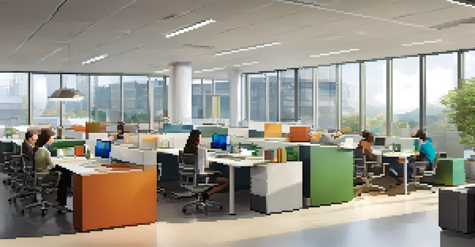 A modern office interior with open workstations, colorful furniture, and employees collaborating.