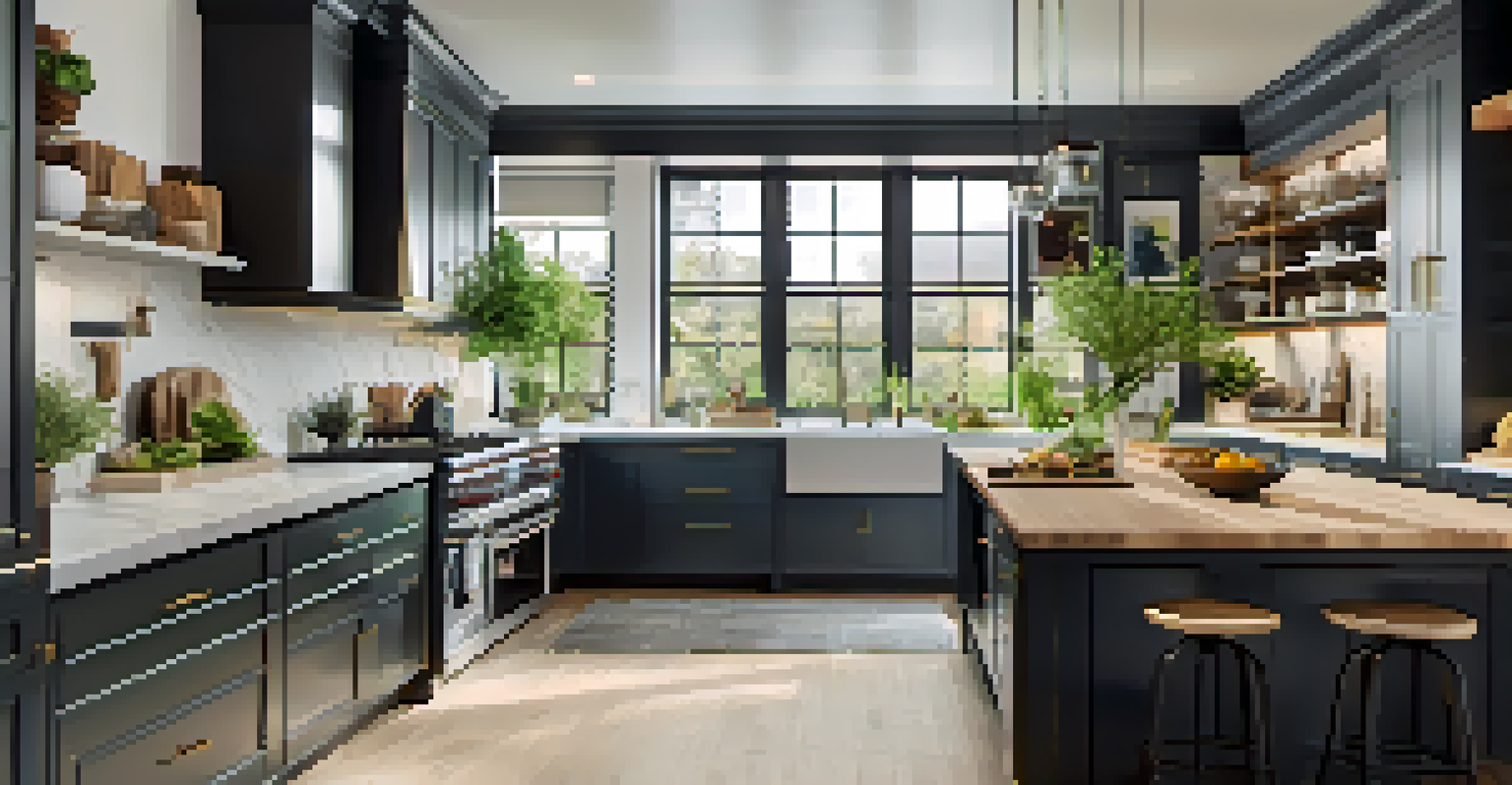 A modern kitchen with custom cabinetry and a spacious layout, filled with natural light and decorated with fresh herbs.