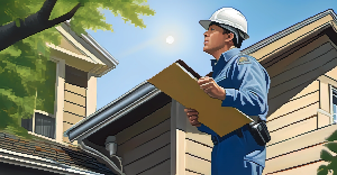 A home inspector checking the roof of a house with a flashlight and clipboard under a clear blue sky.