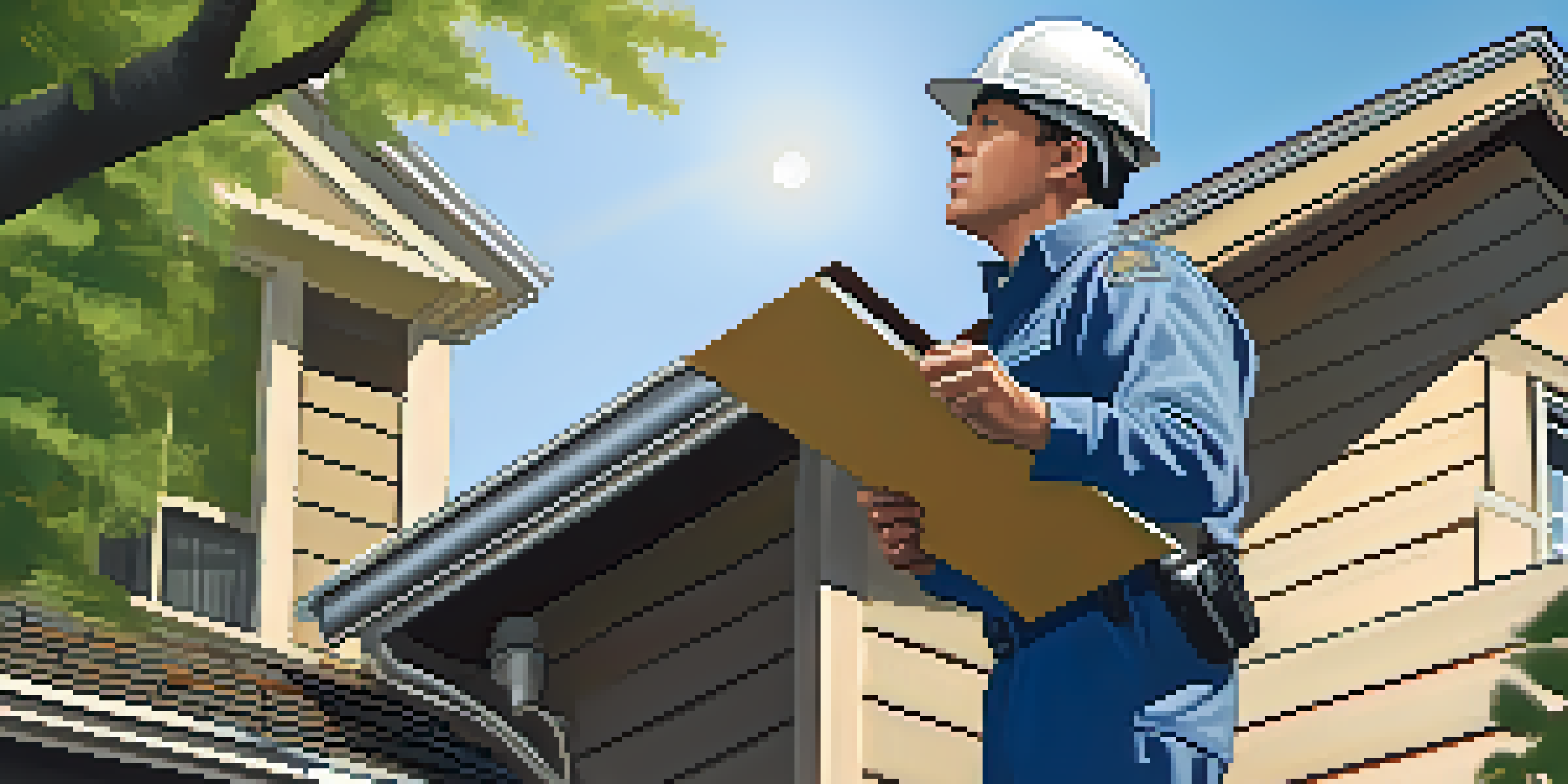 A home inspector checking the roof of a house with a flashlight and clipboard under a clear blue sky.