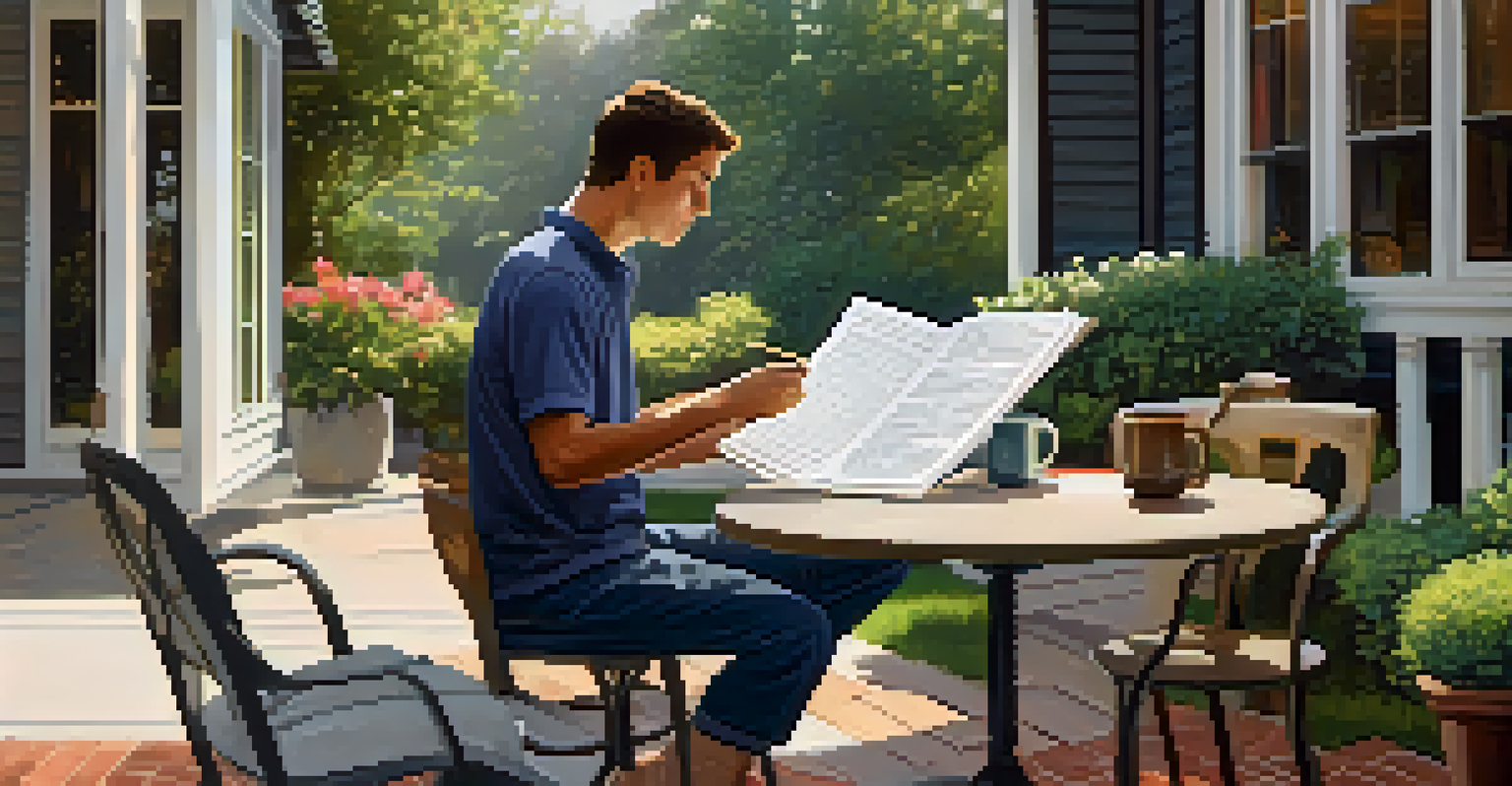 A homeowner reading HOA rules on a patio with plants and coffee.