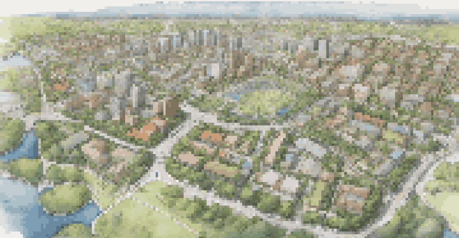 An aerial view of a city map showing different zoning areas, including residential, commercial, and green spaces, with colorful overlays.