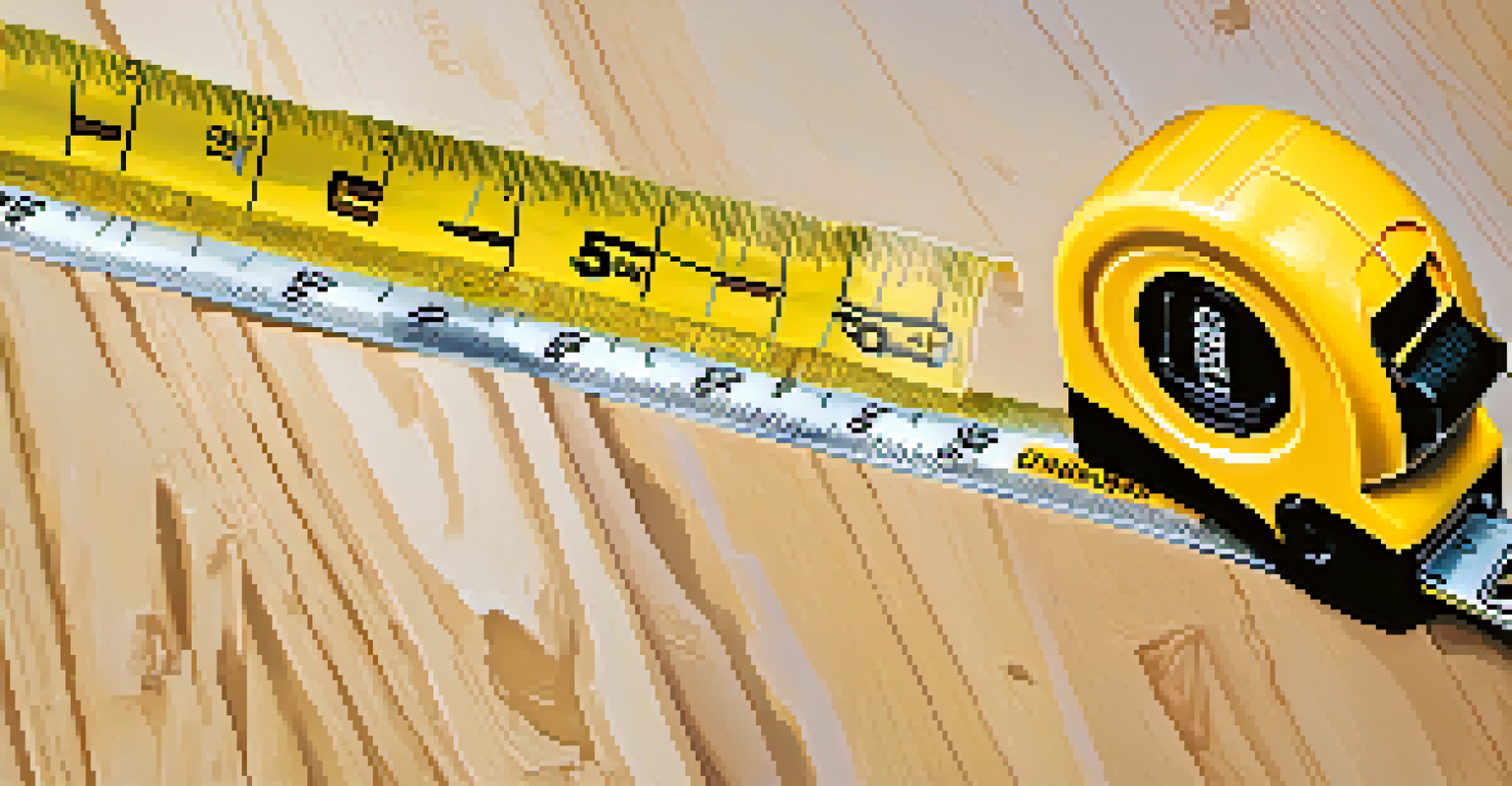 A close-up of a measuring tape extended with clear markings, set against a backdrop of a home improvement project.