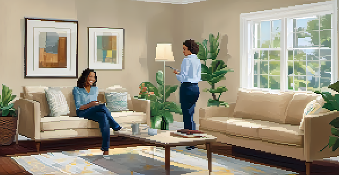 A cozy living room with a home inspector examining electrical outlets and a couple observing happily.