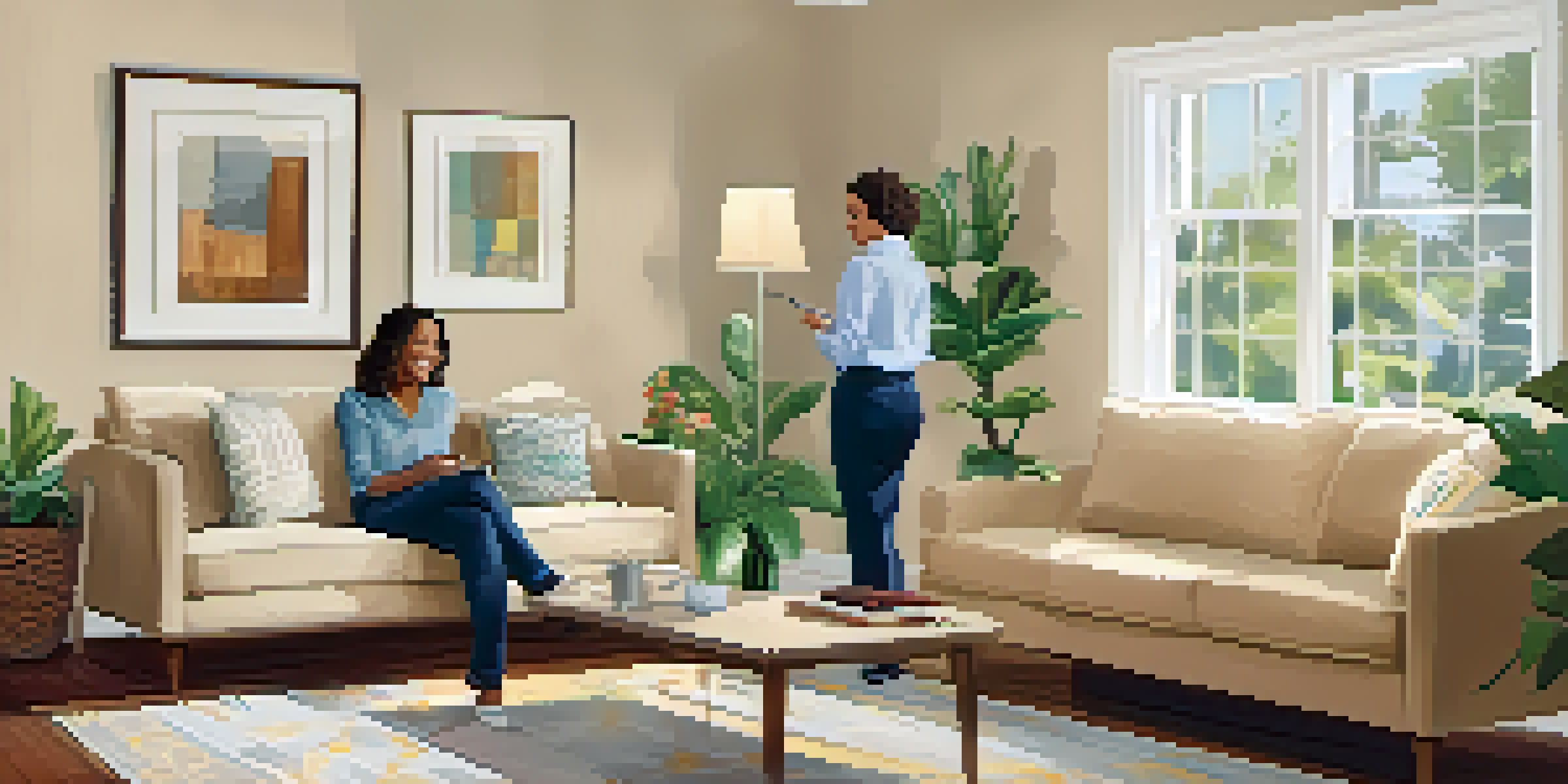 A cozy living room with a home inspector examining electrical outlets and a couple observing happily.