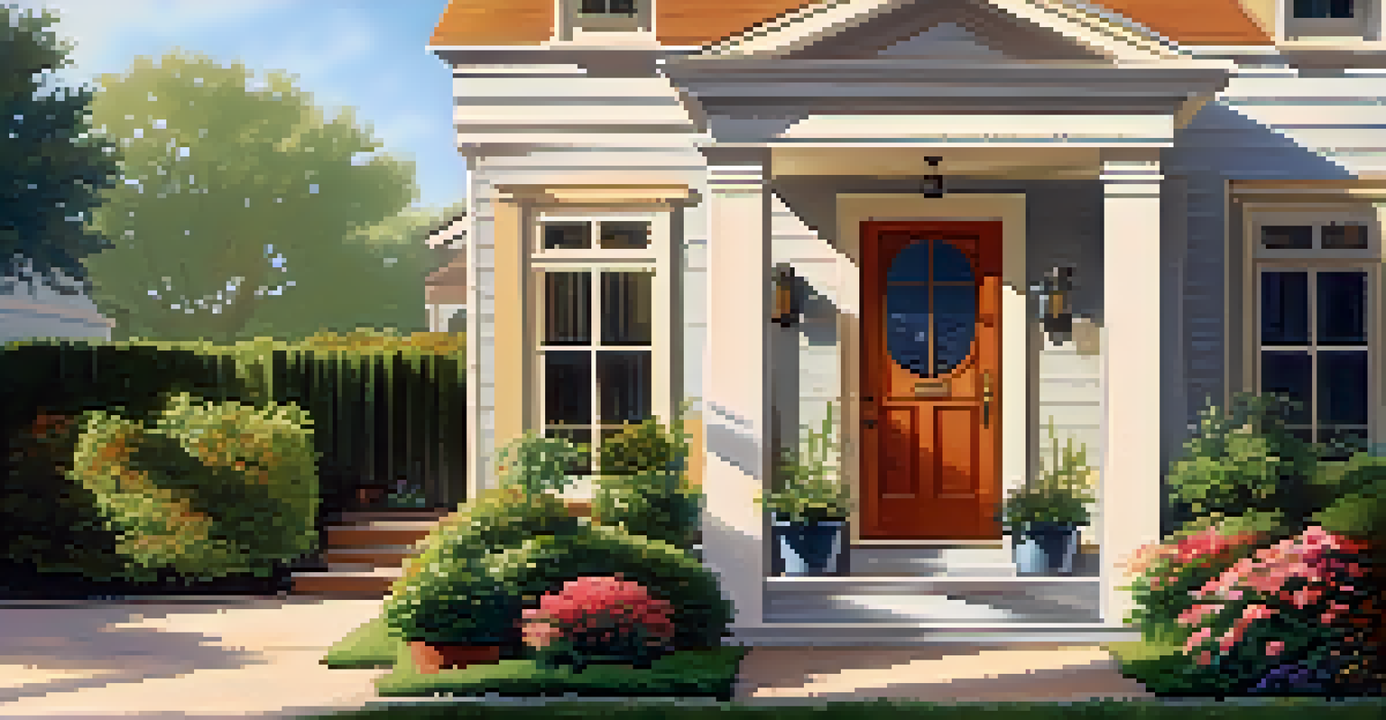 A warm and inviting entryway with a colorful front door, lush plants, and soft sunlight creating a welcoming vibe.