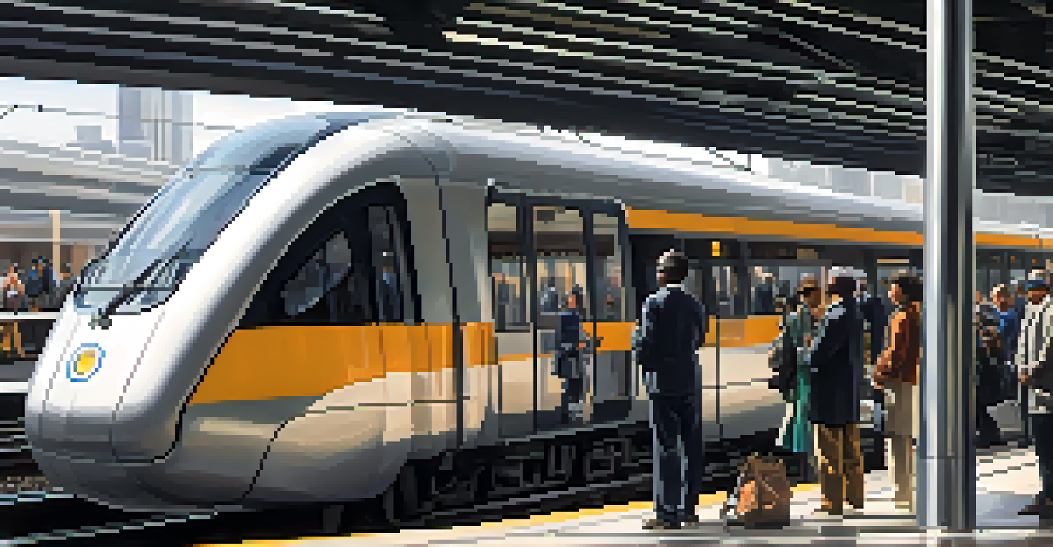 A contemporary train station with a train arriving, and diverse passengers waiting on the platform.