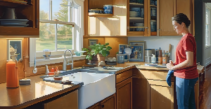 A homeowner calmly inspecting a plumbing issue under a sink in a well-lit living room, with tools scattered on the floor and natural light.