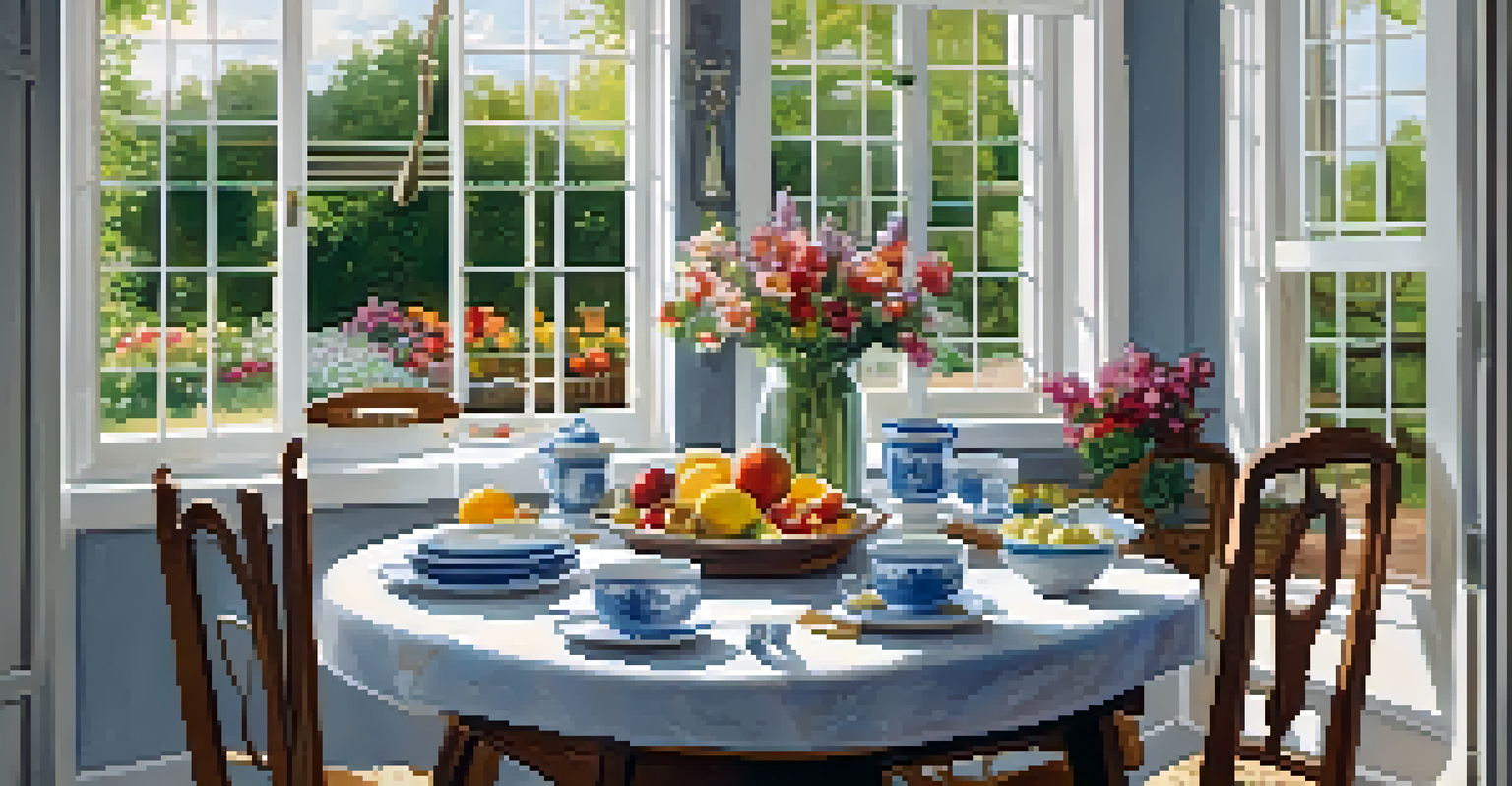 A bright kitchen with a dining table set for breakfast and a view of a blooming garden.