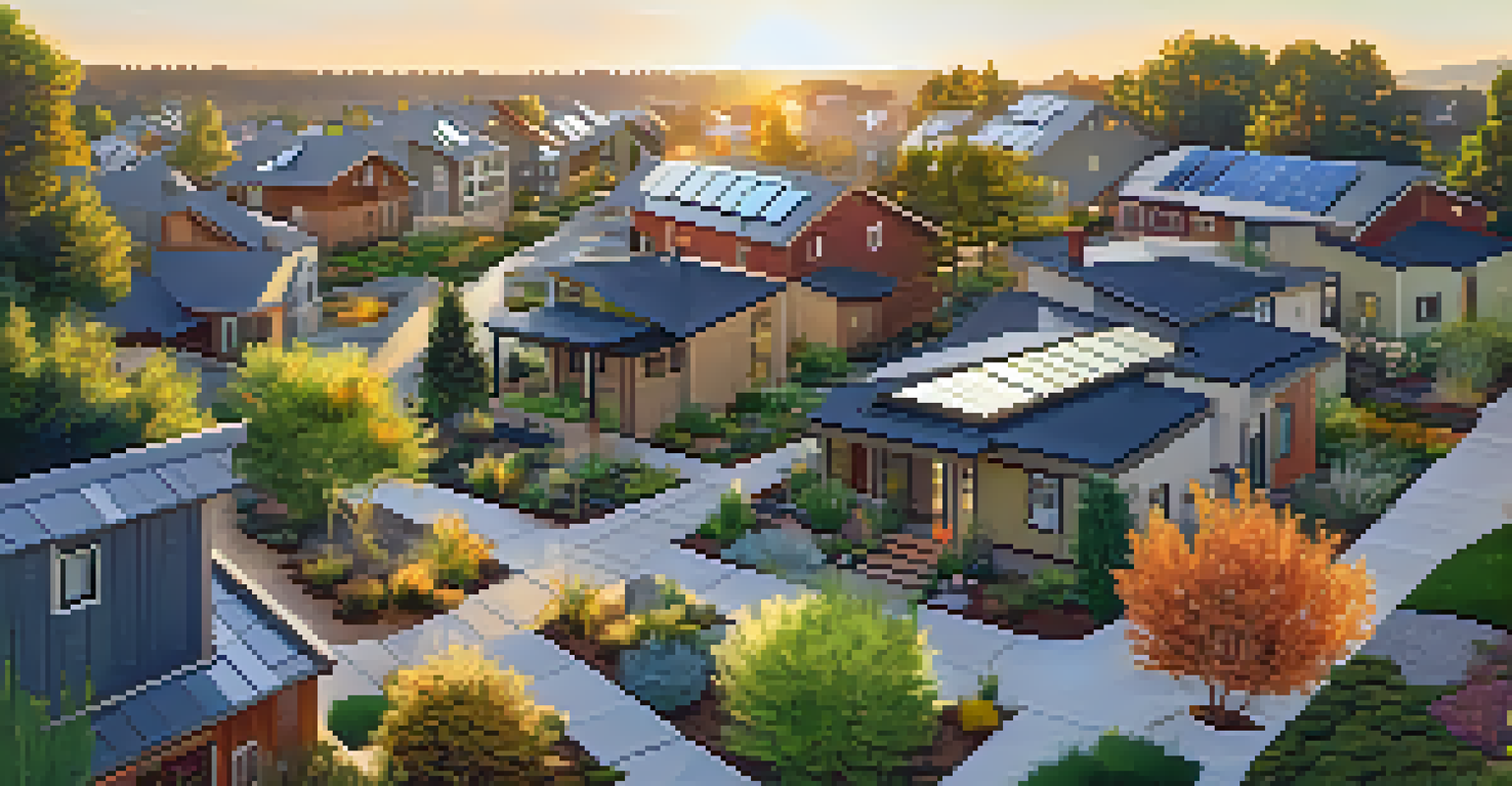 A neighborhood of green-certified homes featuring solar panels and gardens.
