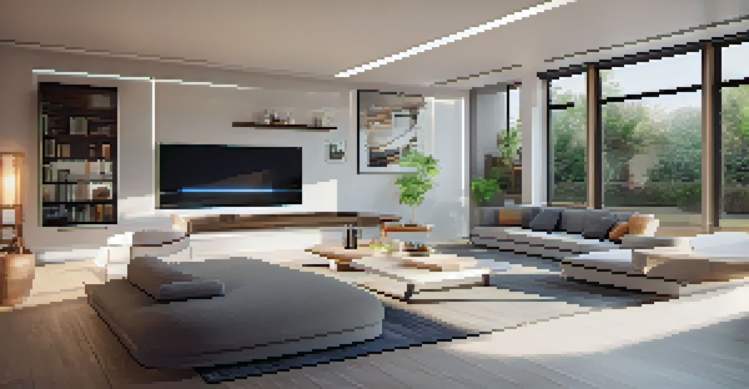 A futuristic interior of a smart home with modern furniture and integrated technology.