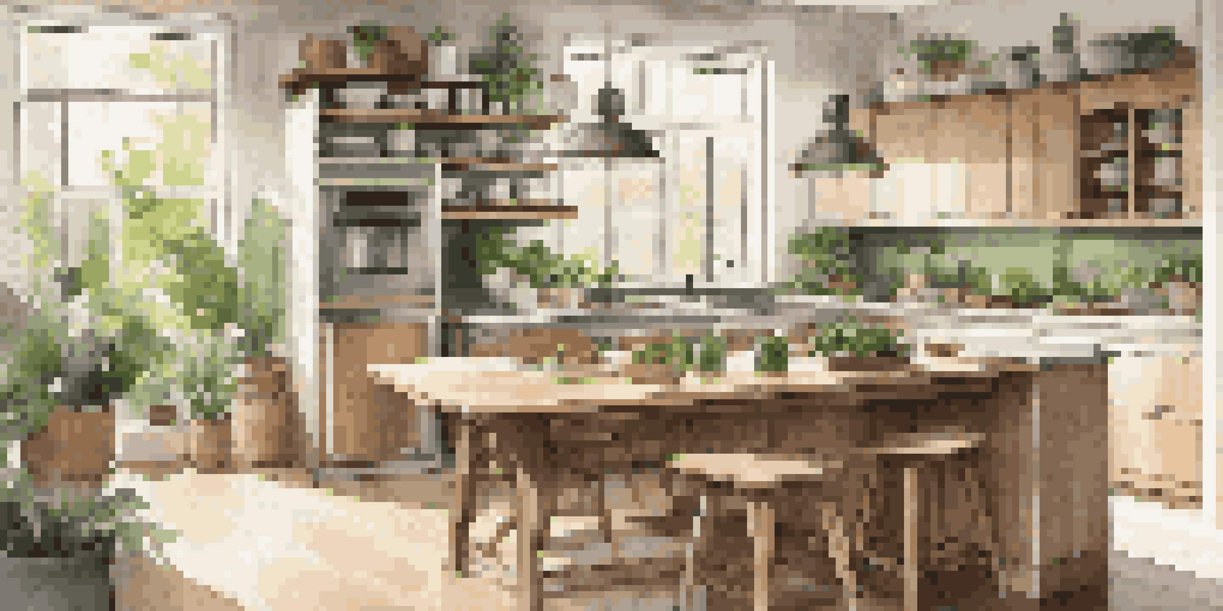 A contemporary kitchen with energy storage systems in the cabinetry and large windows letting in sunlight, highlighting a wooden dining table and energy-efficient appliances.