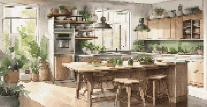 A contemporary kitchen with energy storage systems in the cabinetry and large windows letting in sunlight, highlighting a wooden dining table and energy-efficient appliances.