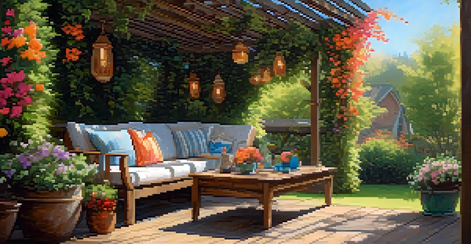 A peaceful backyard with a pergola covered in vines, providing shade over a seating area with cushions, surrounded by flowers.