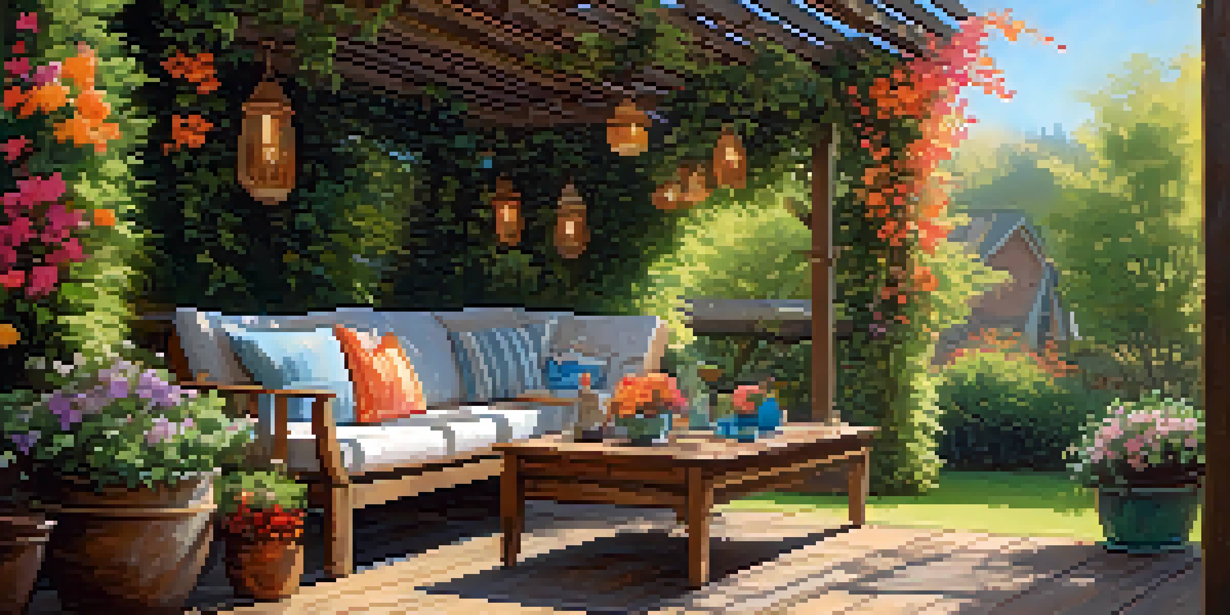 A peaceful backyard with a pergola covered in vines, providing shade over a seating area with cushions, surrounded by flowers.