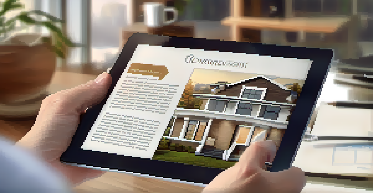 A close-up view of a real estate agent's hands showing a property listing on a tablet, with paperwork and a coffee cup in the background.