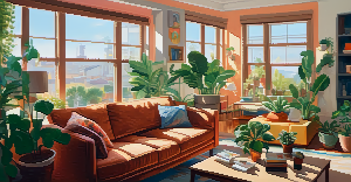 A young couple in a cozy living room, surrounded by moving boxes and houseplants, discussing their new home with warm sunlight streaming in.