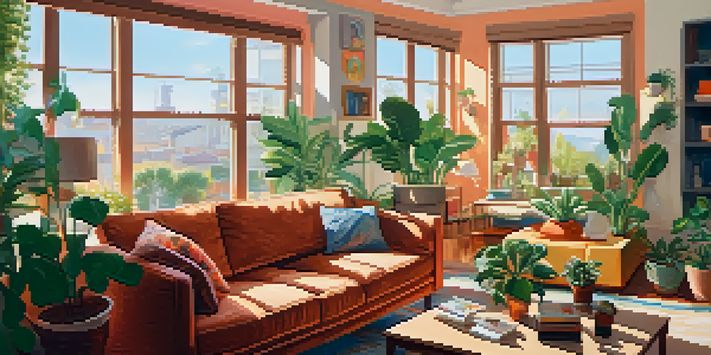 A young couple in a cozy living room, surrounded by moving boxes and houseplants, discussing their new home with warm sunlight streaming in.