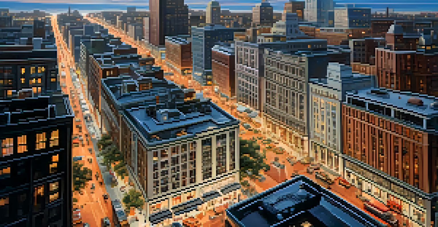 Aerial view of a vibrant city with skyscrapers and bustling streets at dusk.