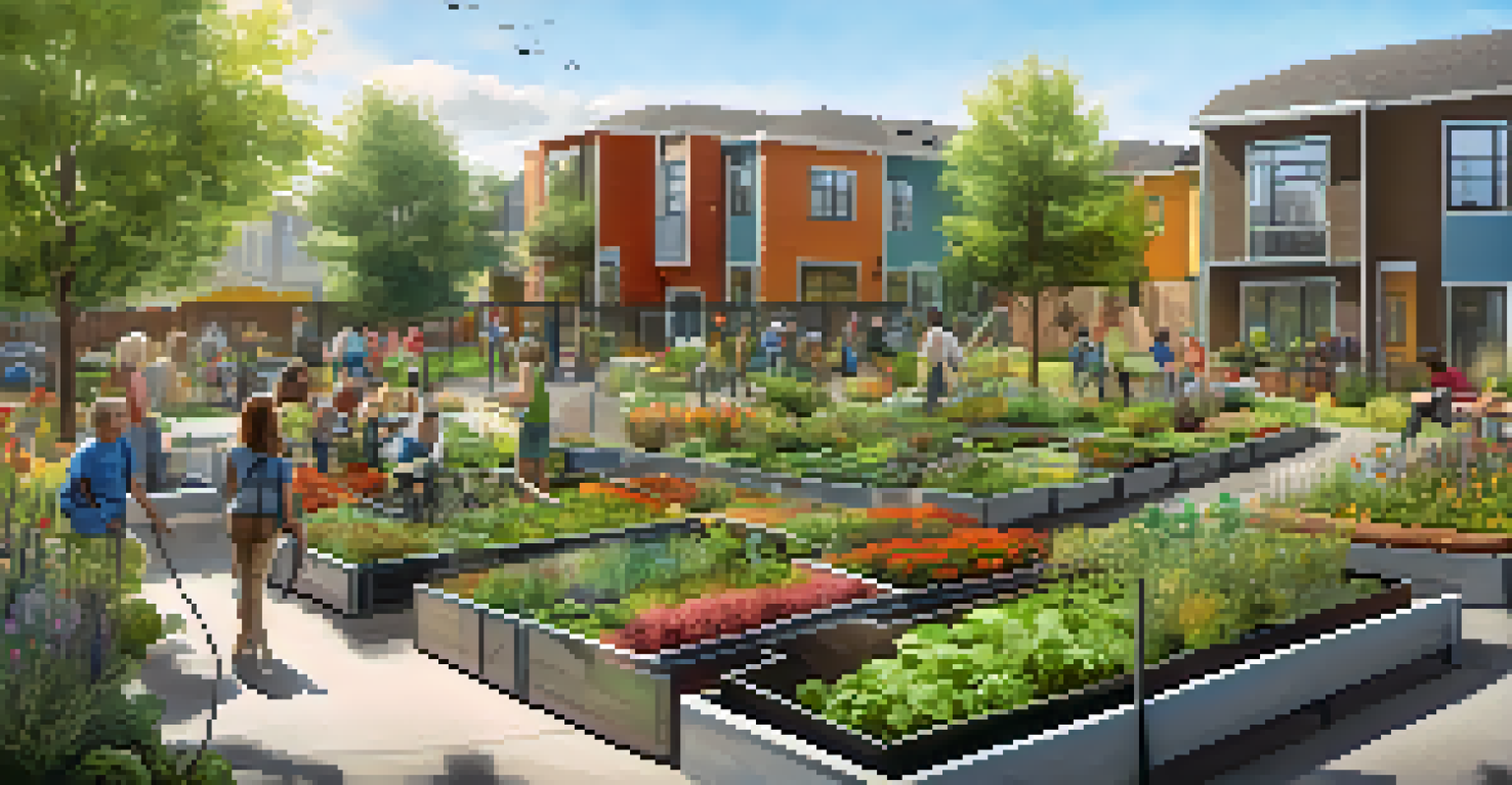 A community garden in a sustainable living area, featuring neighbors interacting, shared resources, and bike paths.
